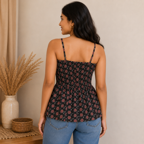Black Floral Smocked Cotton Top