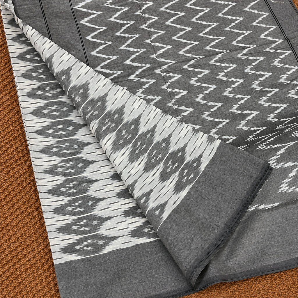 Charcoal Grey & Off-White Ikat Mercerised Cotton Saree
