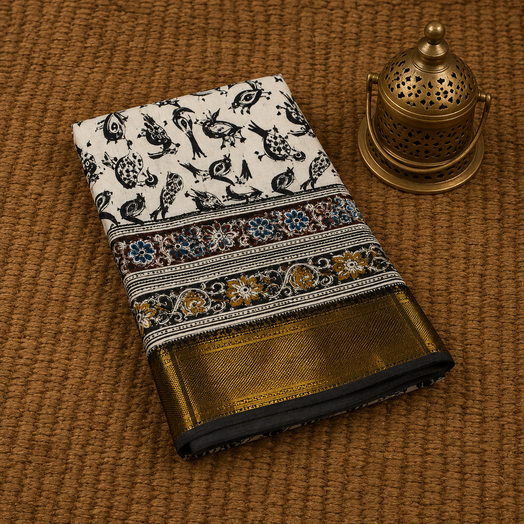 Kalamkari Hand Block Print Mangalgiri Silk Saree with Nizam Border