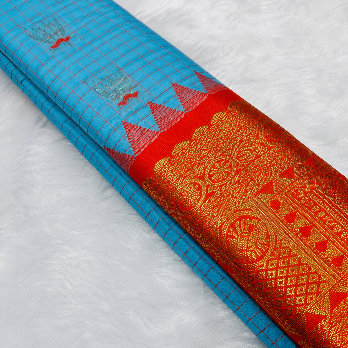 Skyblue & Orange Semi Gadwal Silk Saree