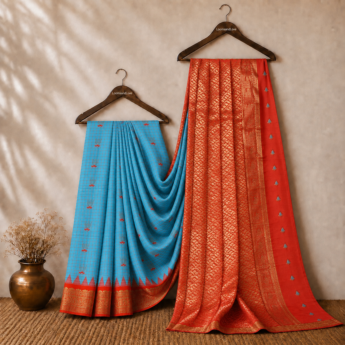 Skyblue & Orange Semi Gadwal Silk Saree