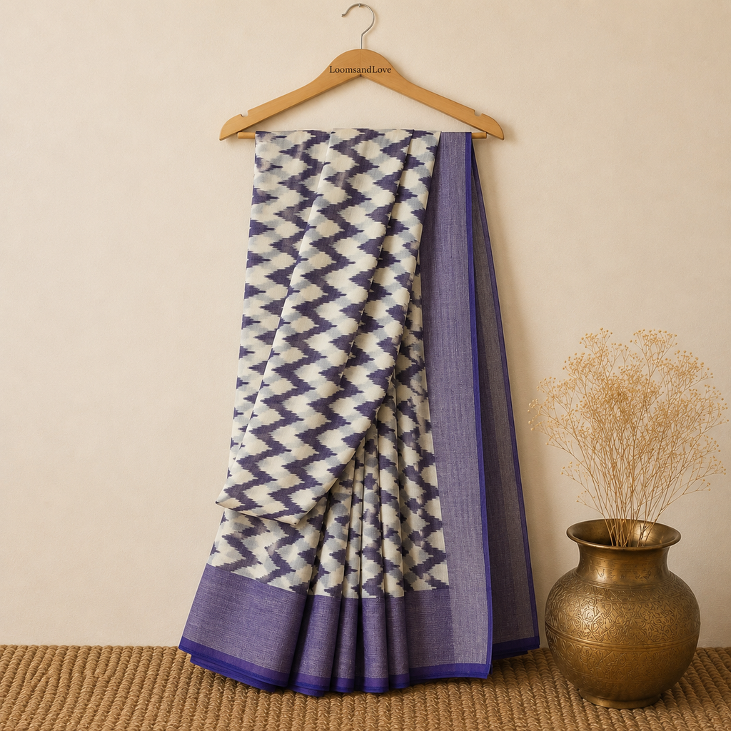 Purple & Off-White Single Ikat Mercerised Cotton Saree