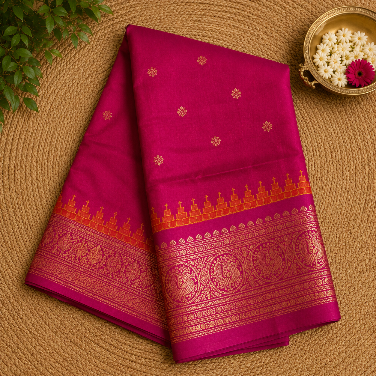 Mustard Yellow & Magenta Semi Gadwal Silk Saree