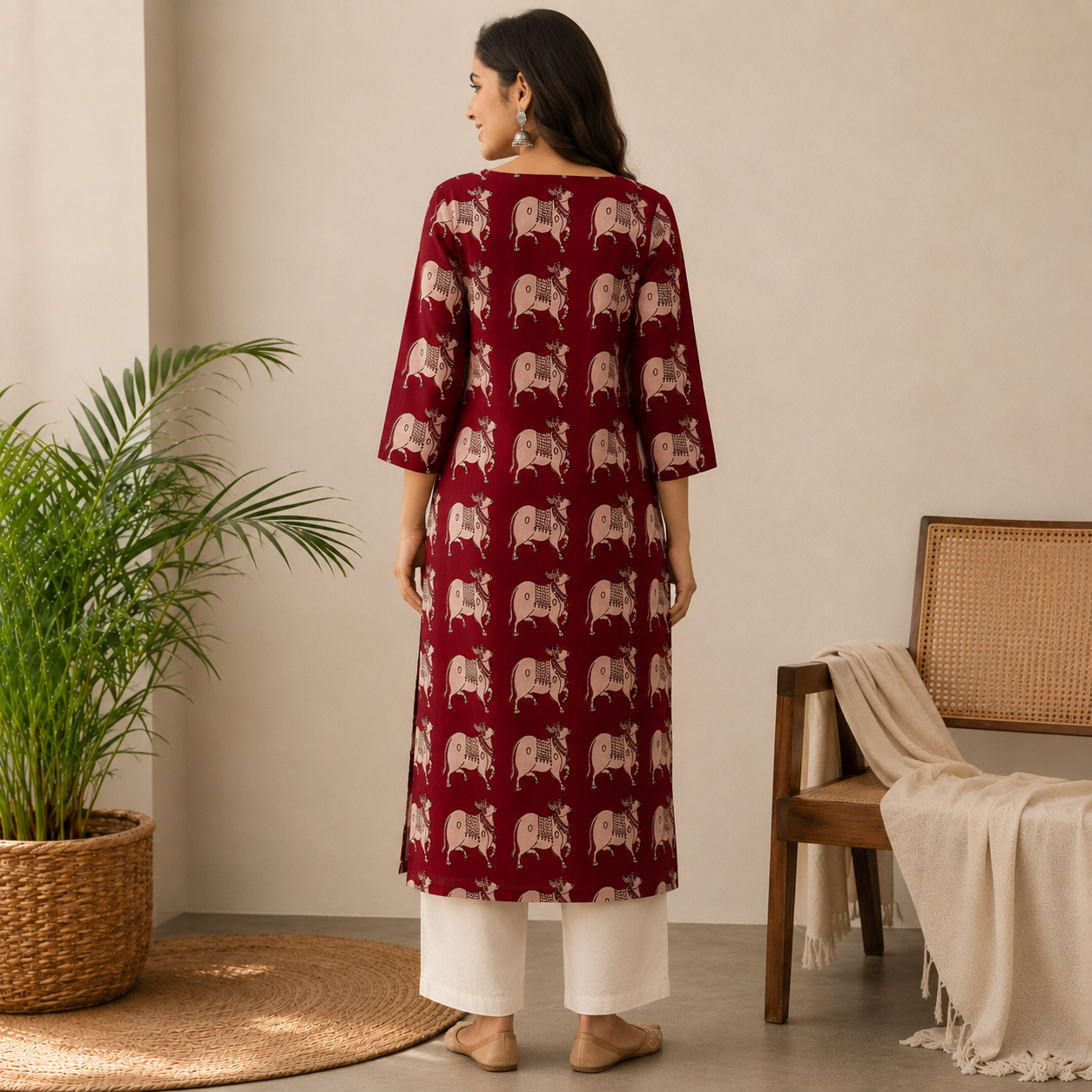 Red Pichwai Straight Cut Kurthi