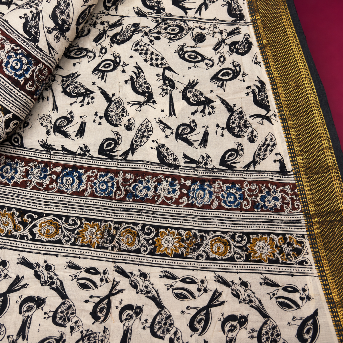 Kalamkari Hand Block Print Mangalgiri Silk Saree with Nizam Border