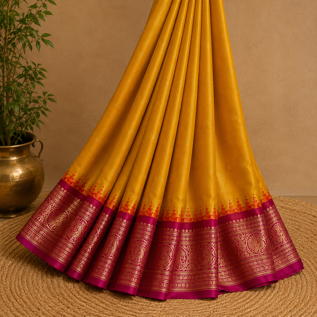 Mustard Yellow & Magenta Semi Gadwal Silk Saree