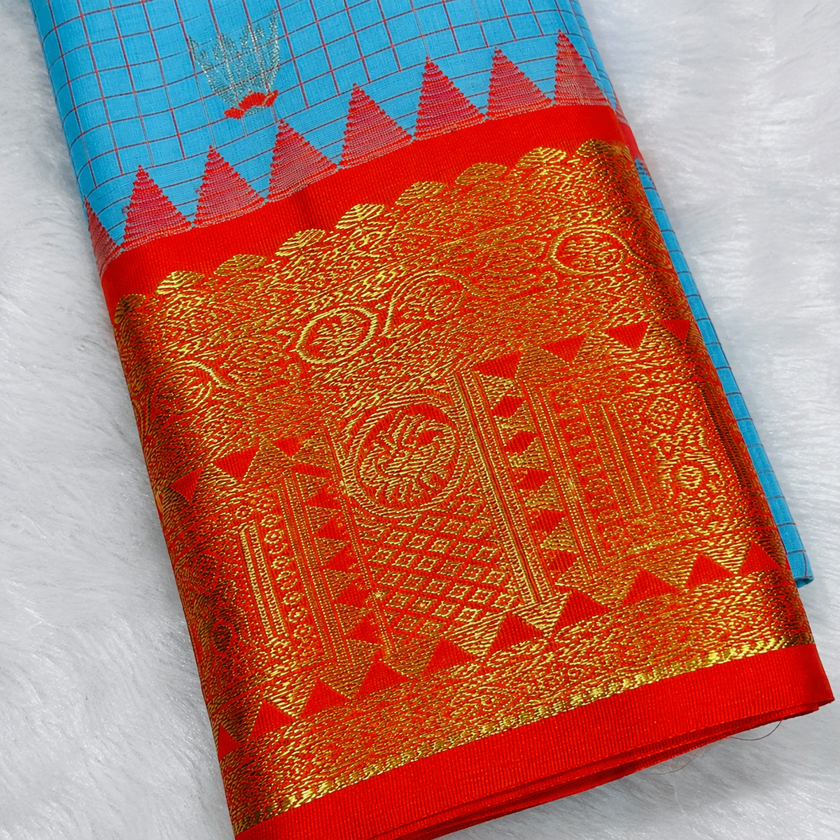 Skyblue & Orange Semi Gadwal Silk Saree