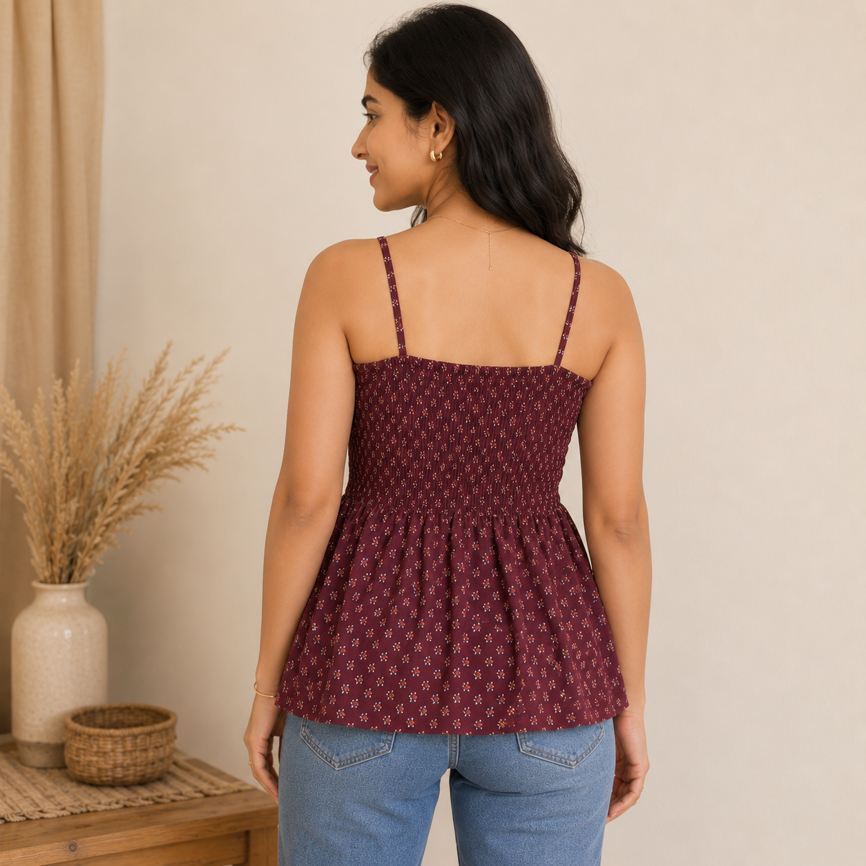Red Floral Smocked Cotton Top