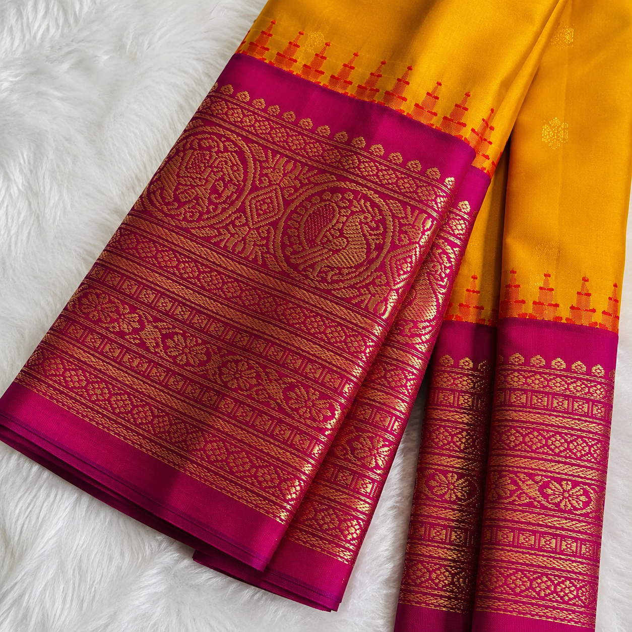 Mustard Yellow & Magenta Semi Gadwal Silk Saree