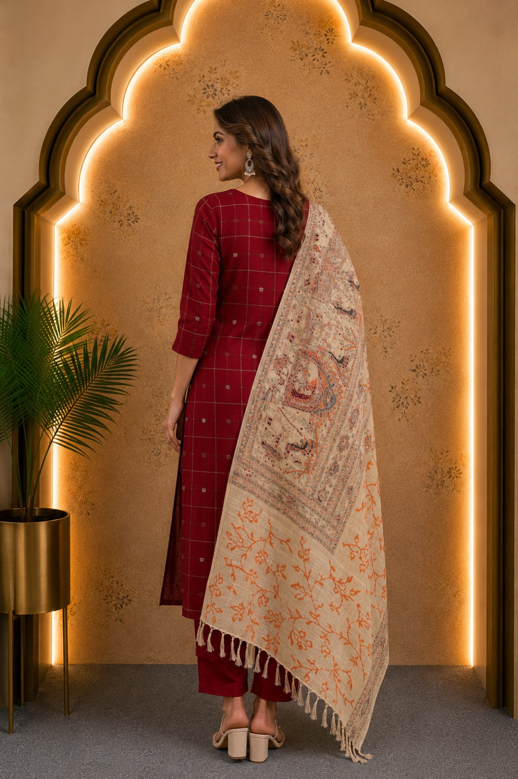 Red Raw Silk Top & Madhubani Kalamkari Dupatta – Dress Material