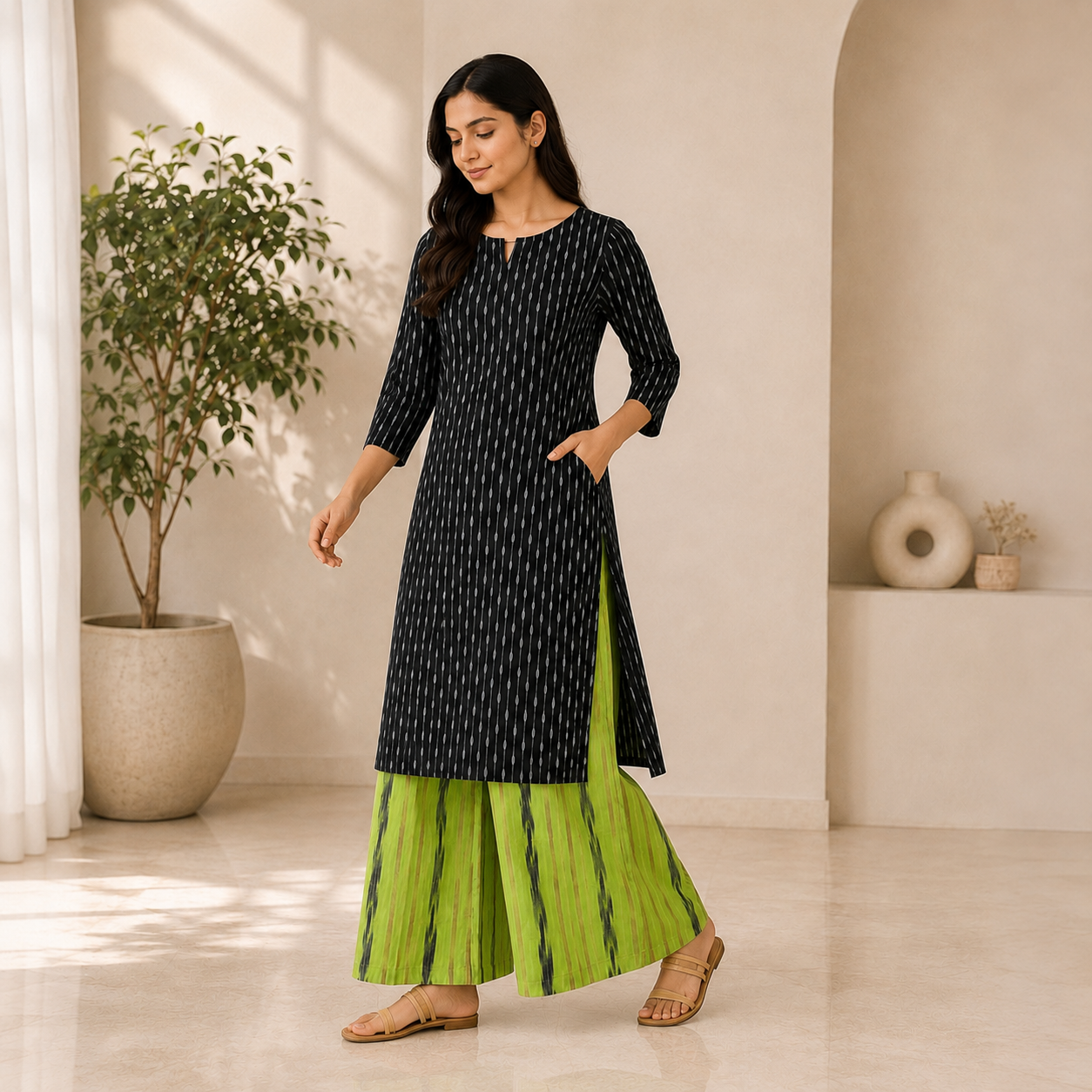 Black Ikkath Kurta & Palazzo Set