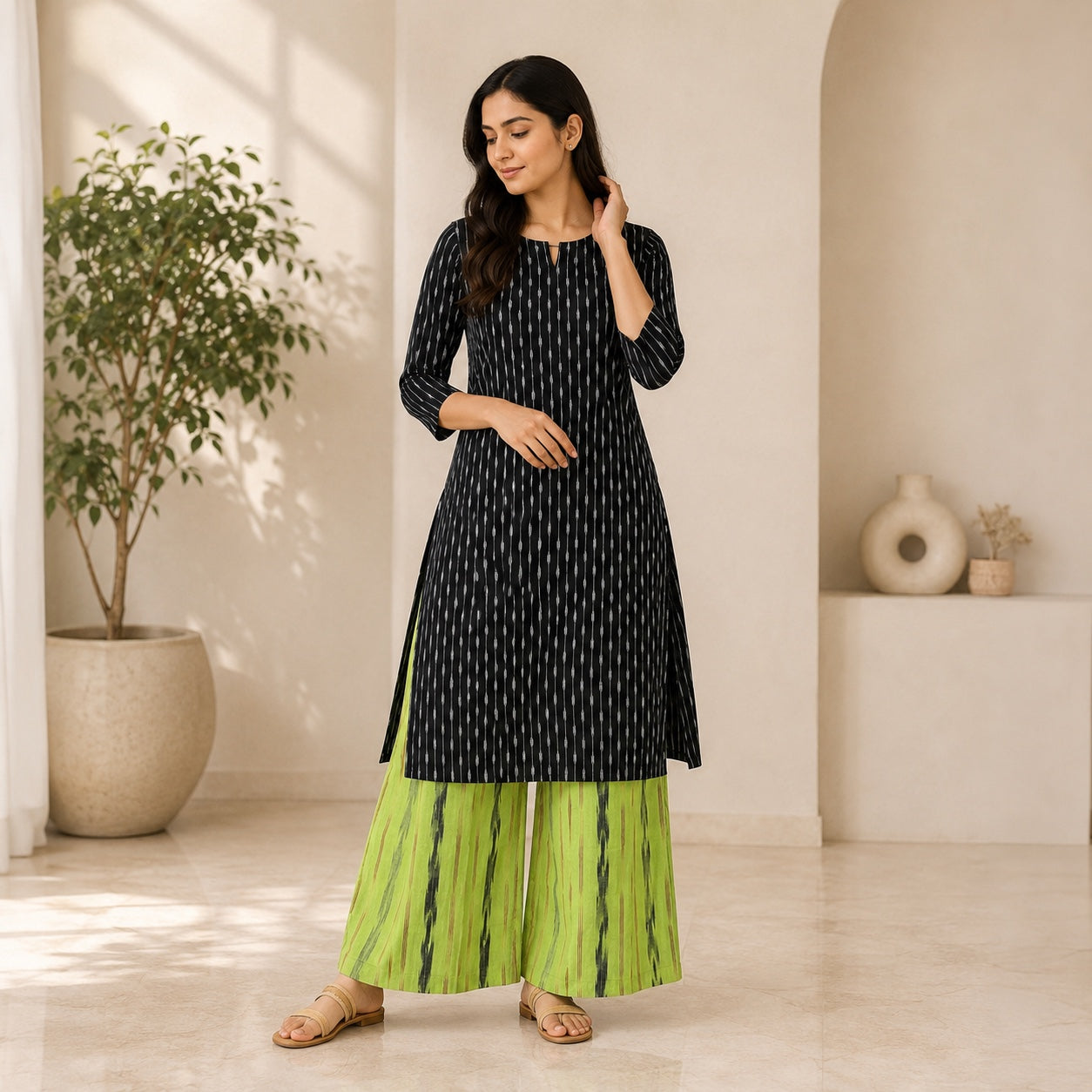 Black Ikkath Kurta & Palazzo Set