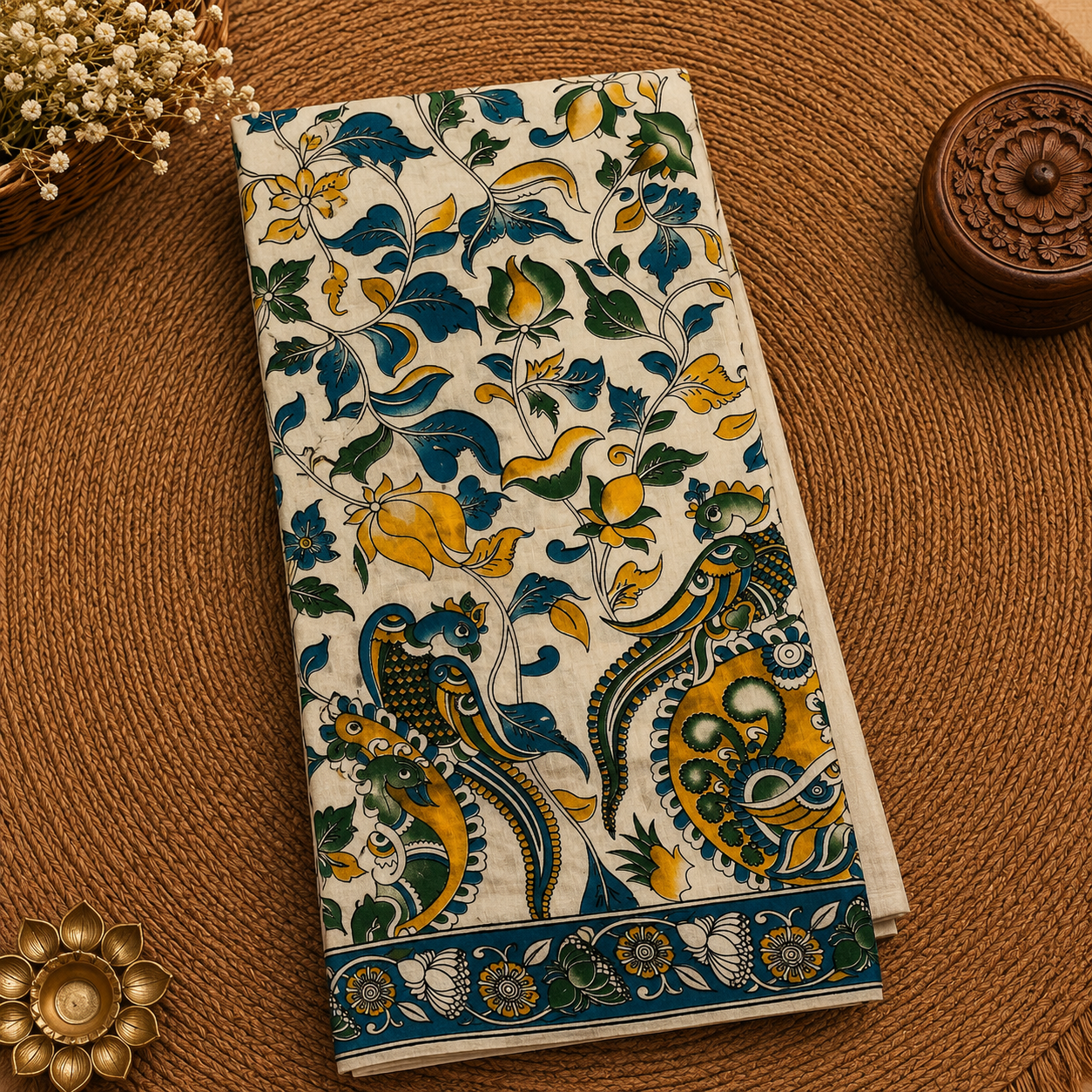 Cream Kalamkari Cotton Saree