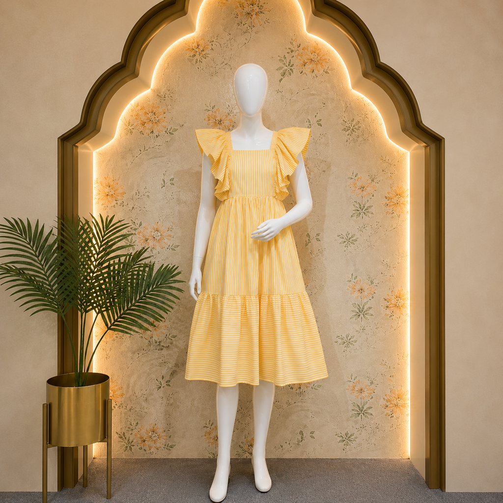 Yellow Striped Cotton Midi Dress