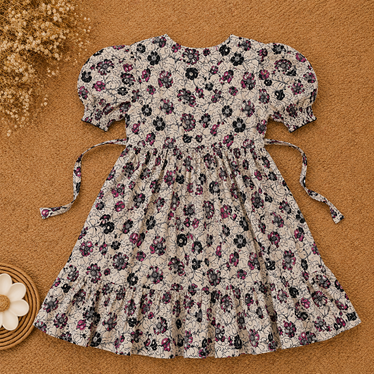 Beige Kalamkari Frill Frock