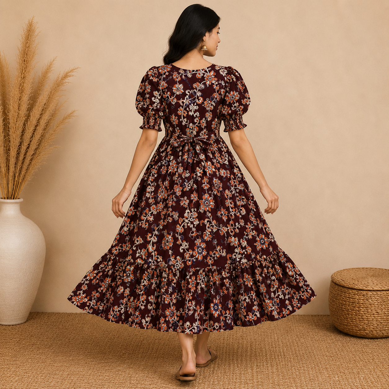 Brown Kalamkari Frill Frock