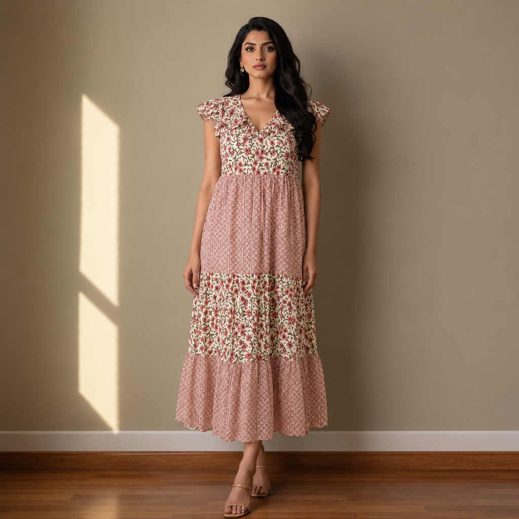 V- Neck Cream and Pink Floral Maxi