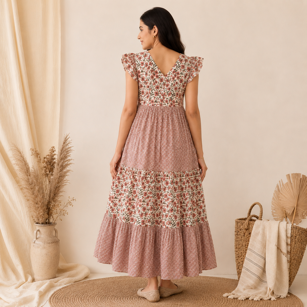 V- Neck Cream and Pink Floral Maxi