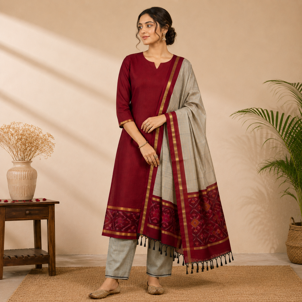 Ikkath SICO Pattu Dress Material – Maroon & Beige