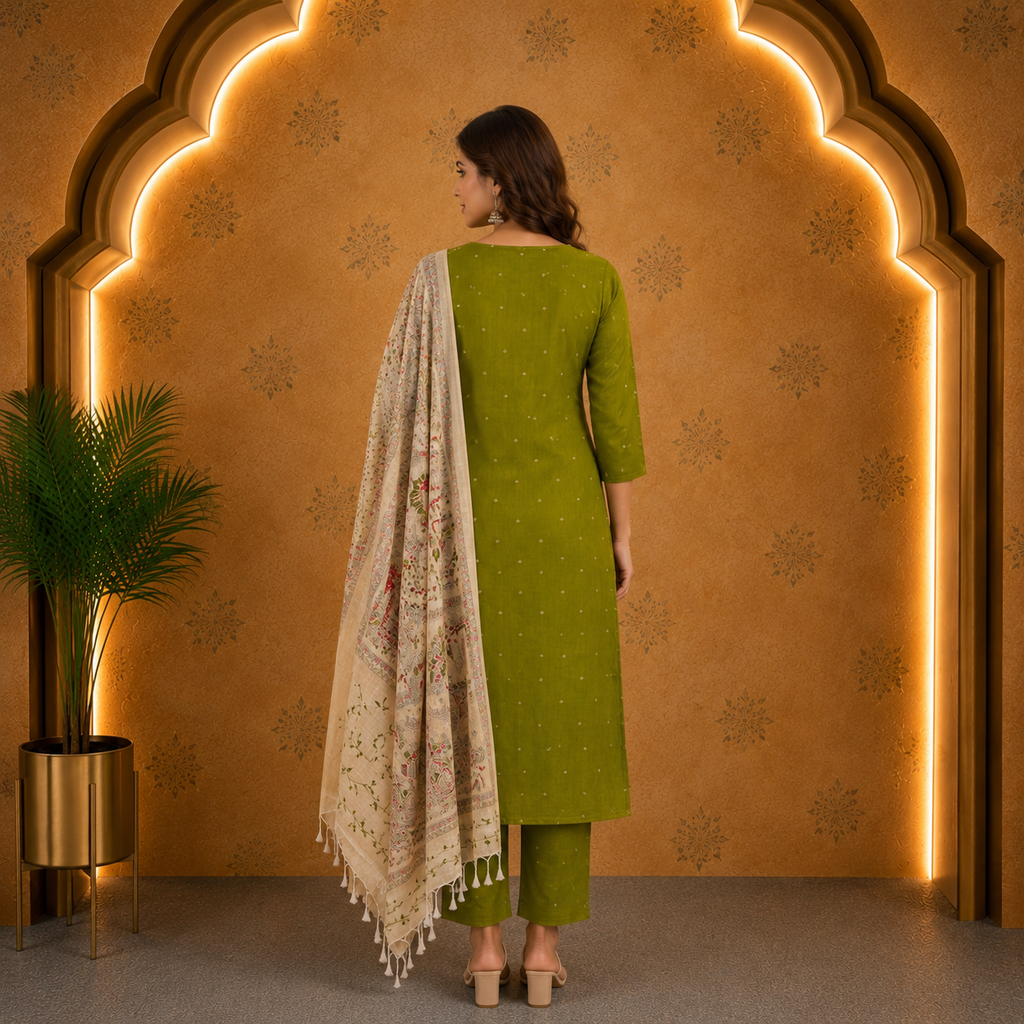 Green Raw Silk Top & Madhubani Kalamkari Dupatta – Dress Material