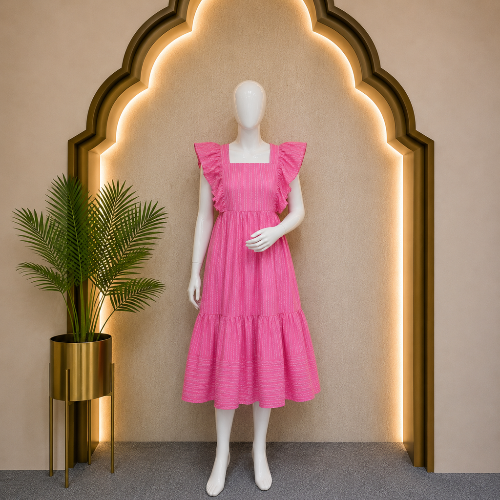 Pink Striped Cotton Midi Dress
