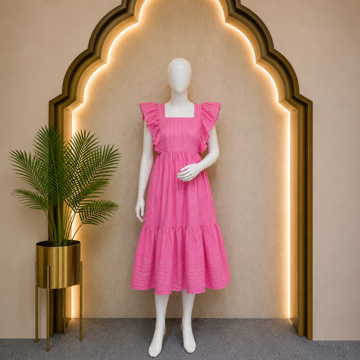 Pink Striped Cotton Midi Dress