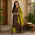 Ikkath SICO Pattu Dress Material – Rich Coffee Brown & Lime Green