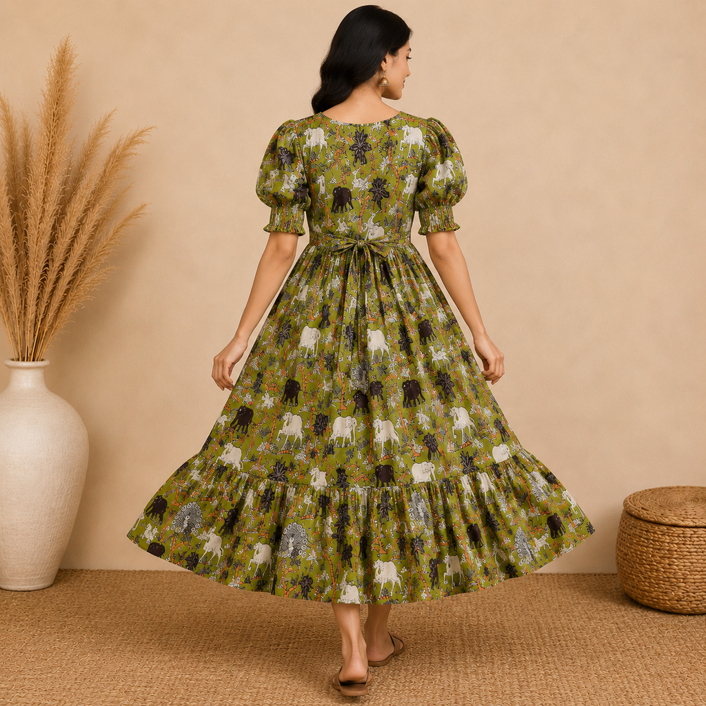 Lime Green Kalamkari Frill Frock