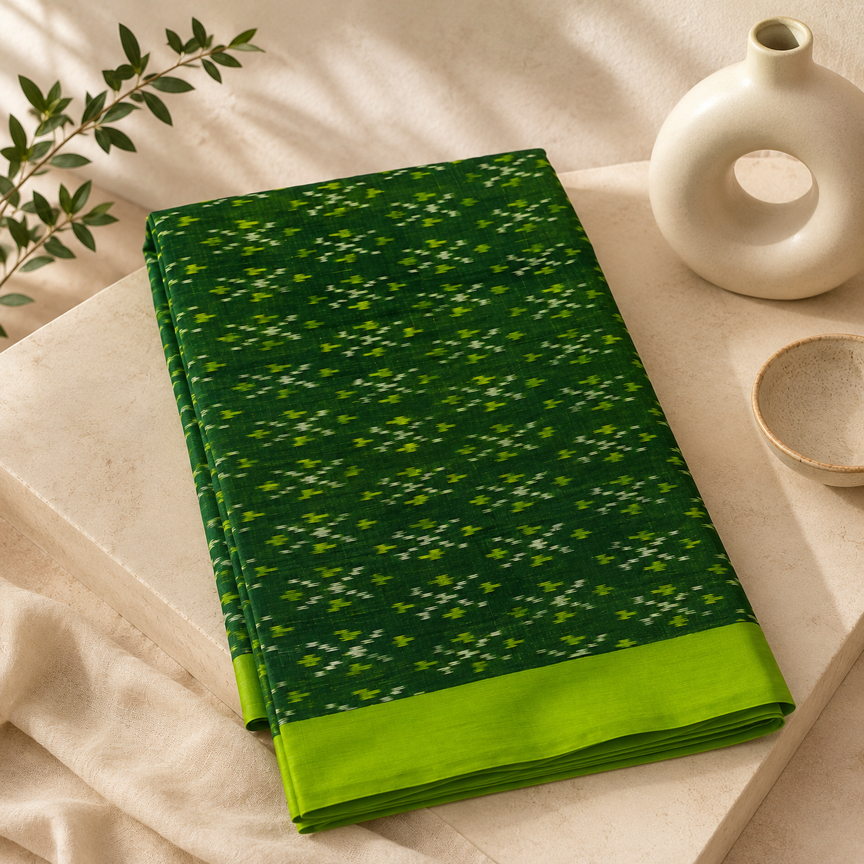 Green Single Ikkath Pochampally Cotton Saree