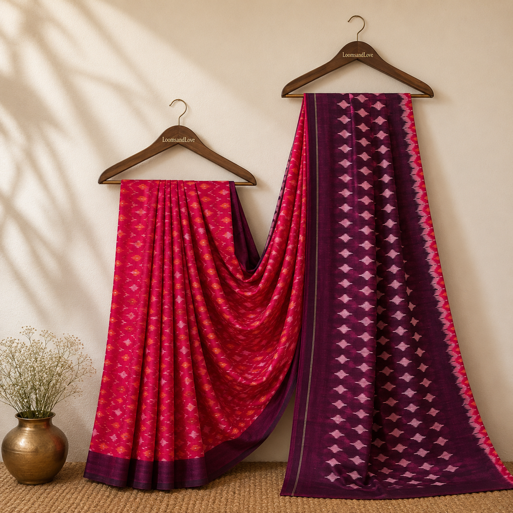 Dual Tone Pink Single Ikat Mercerised Cotton Saree