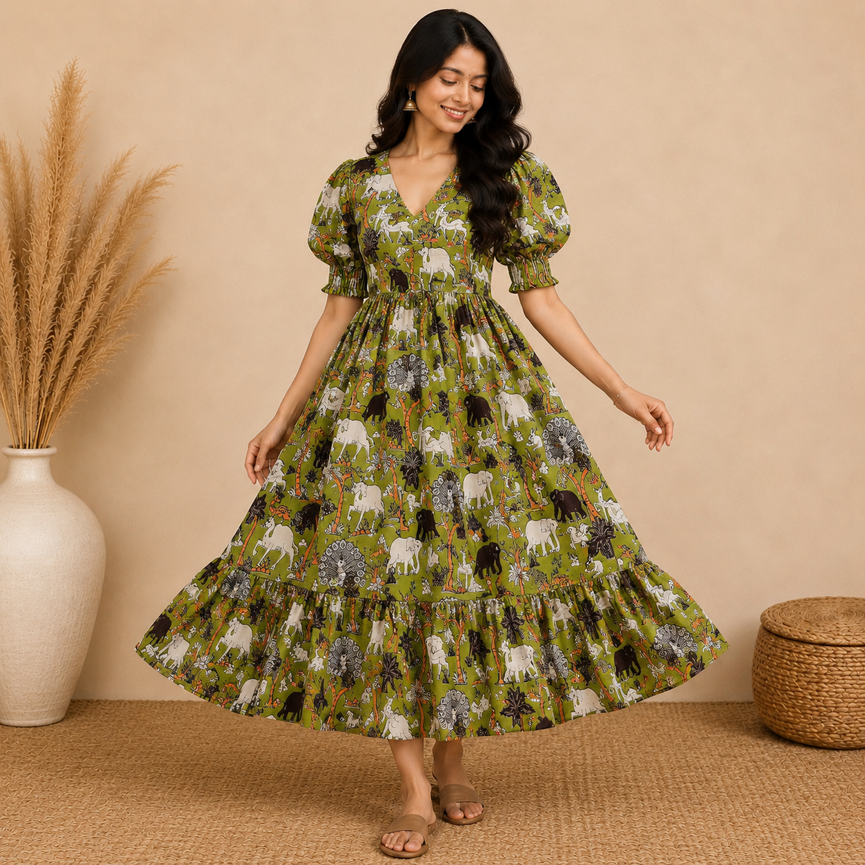 Lime Green Kalamkari Frill Frock