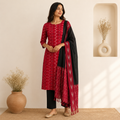 Ikat Cotton Dress Material – Red & Black