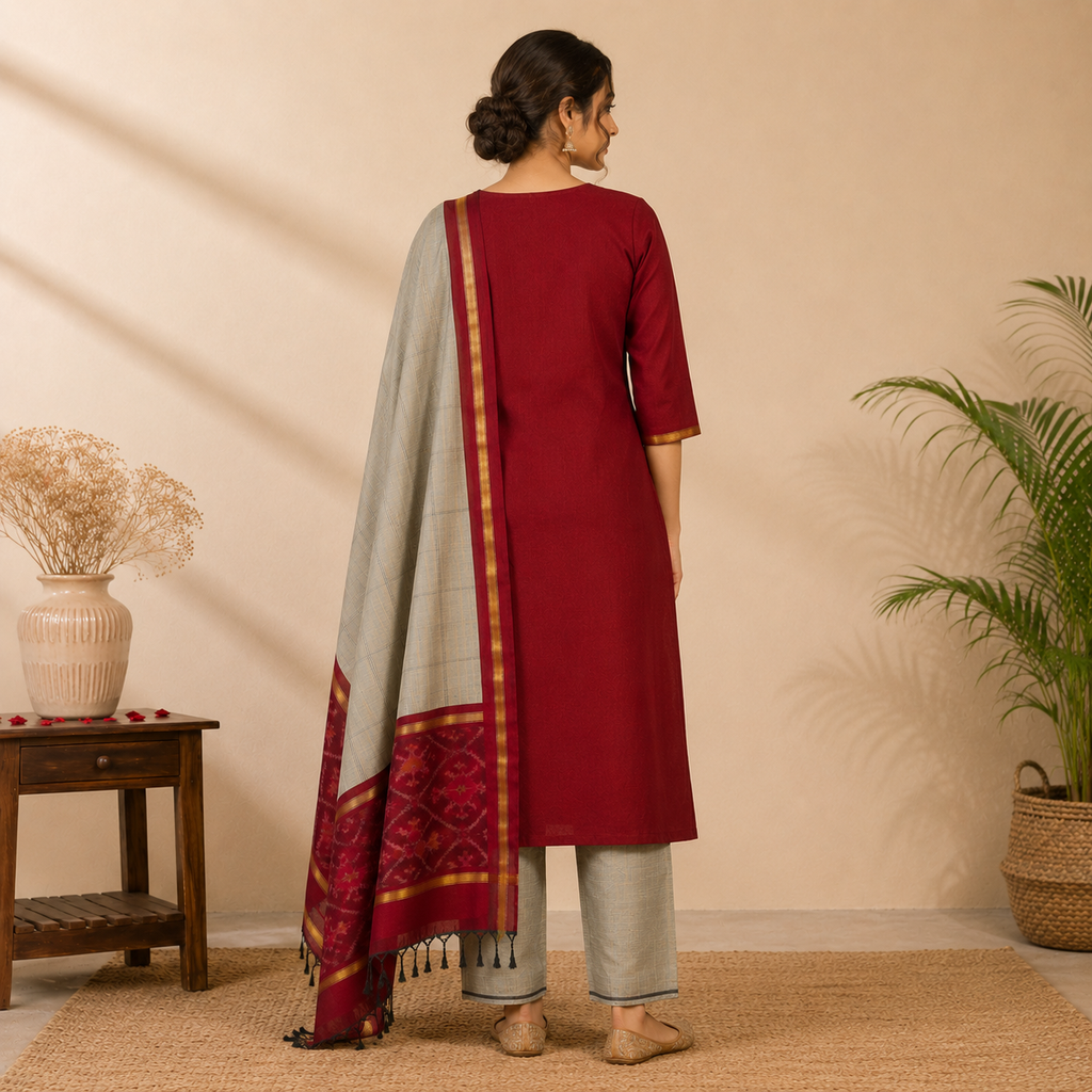 Ikkath SICO Pattu Dress Material – Maroon & Beige