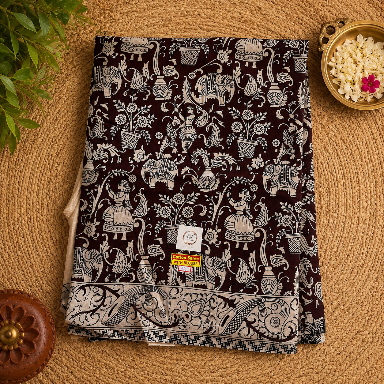 Coffee Brown Kalamkari Cotton Saree