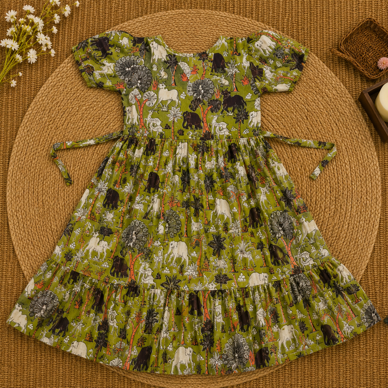 Lime Green Kalamkari Frill Frock