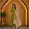 Green Raw Silk Top & Madhubani Kalamkari Dupatta – Dress Material