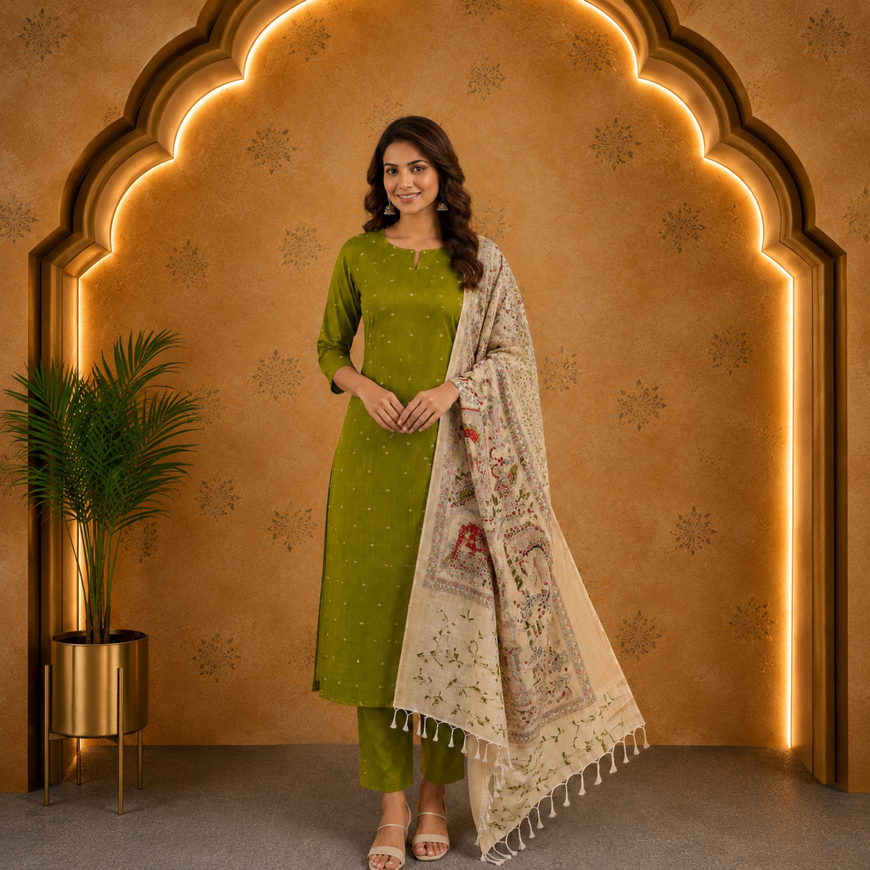 Green Raw Silk Top & Madhubani Kalamkari Dupatta – Dress Material