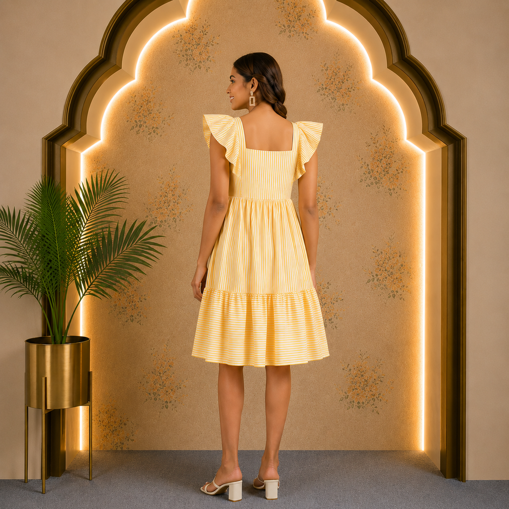 Yellow Striped Cotton Midi Dress