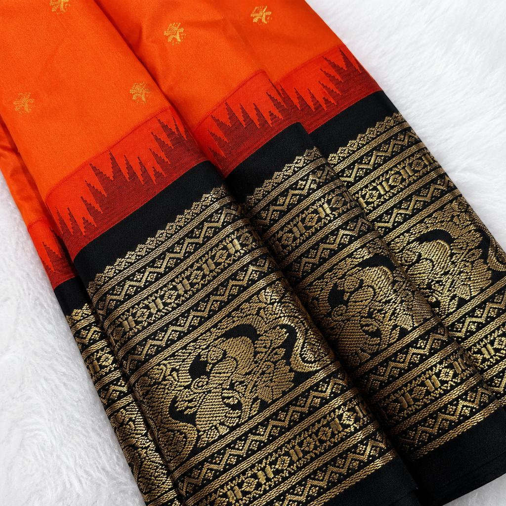 Orange & Black Semi Gadwal Silk Saree