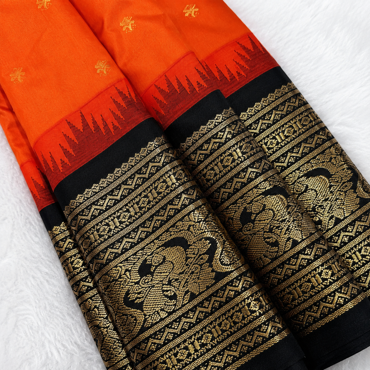 Orange & Black Semi Gadwal Silk Saree