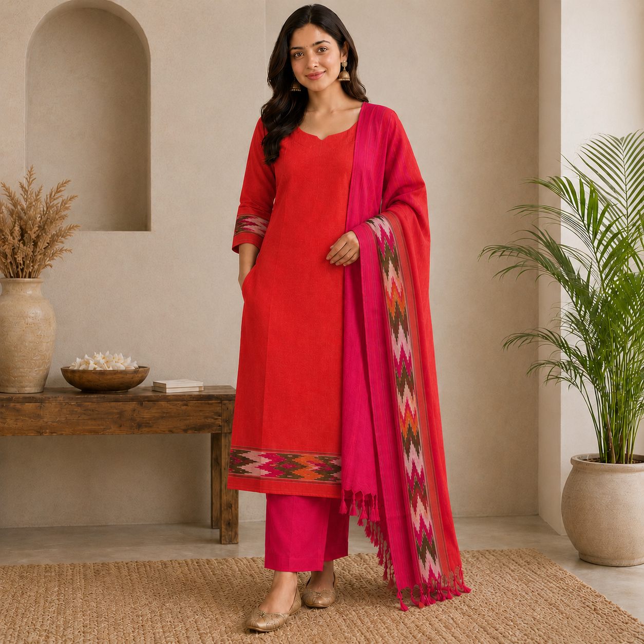 Coral Red & Rani Pink Ikkath Stitched 3 Piece Set
