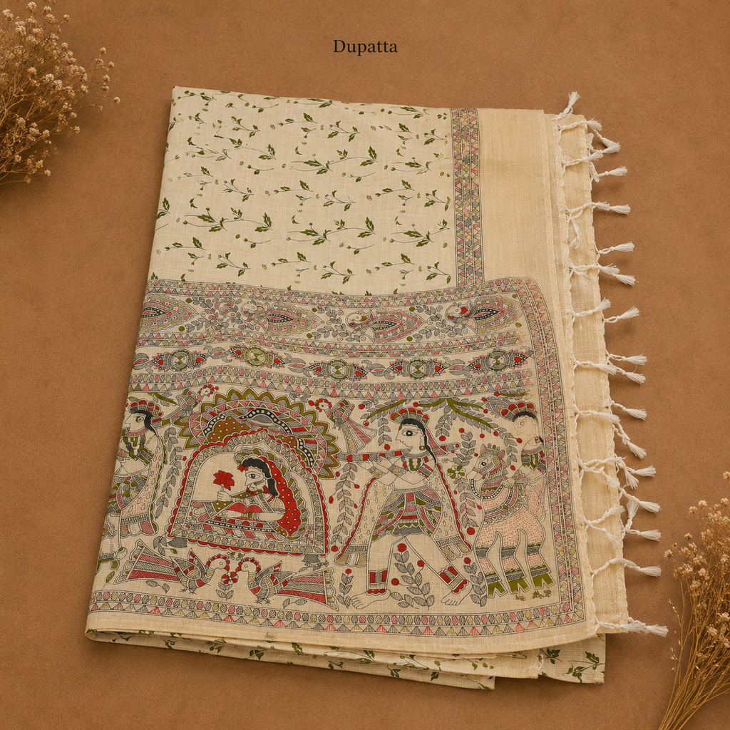 Green Raw Silk Top & Madhubani Kalamkari Dupatta – Dress Material