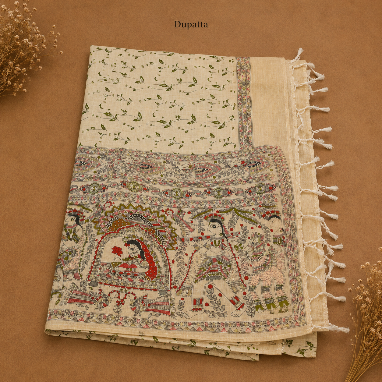 Green Raw Silk Top & Madhubani Kalamkari Dupatta – Dress Material