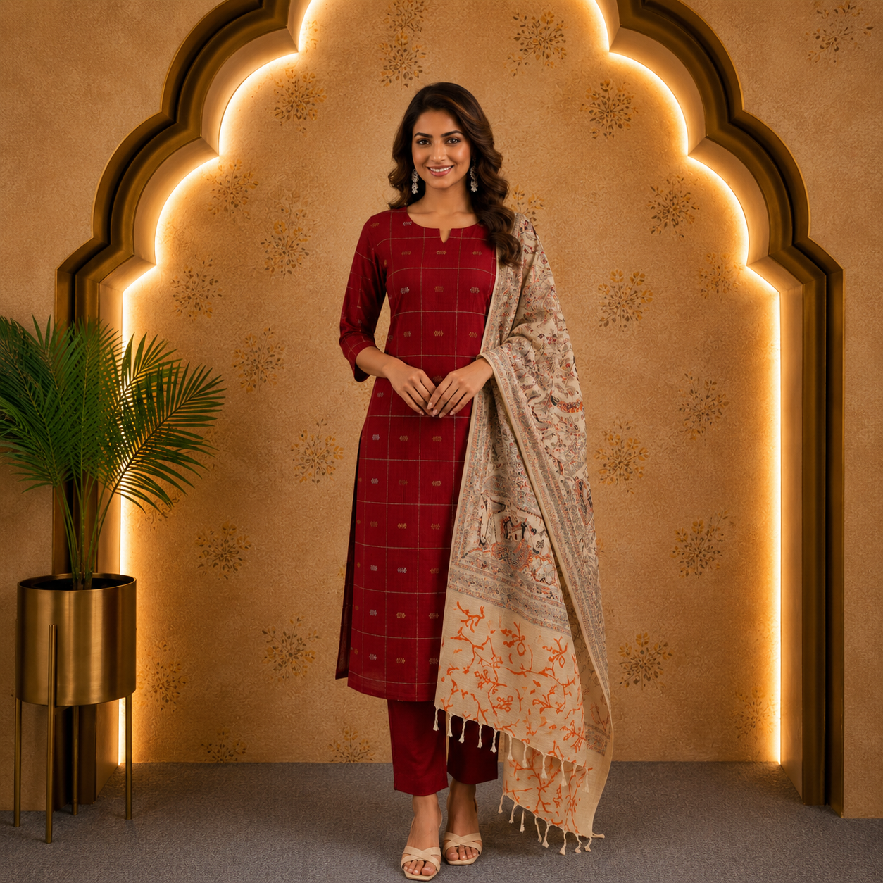 Red Raw Silk Top & Madhubani Kalamkari Dupatta – Dress Material