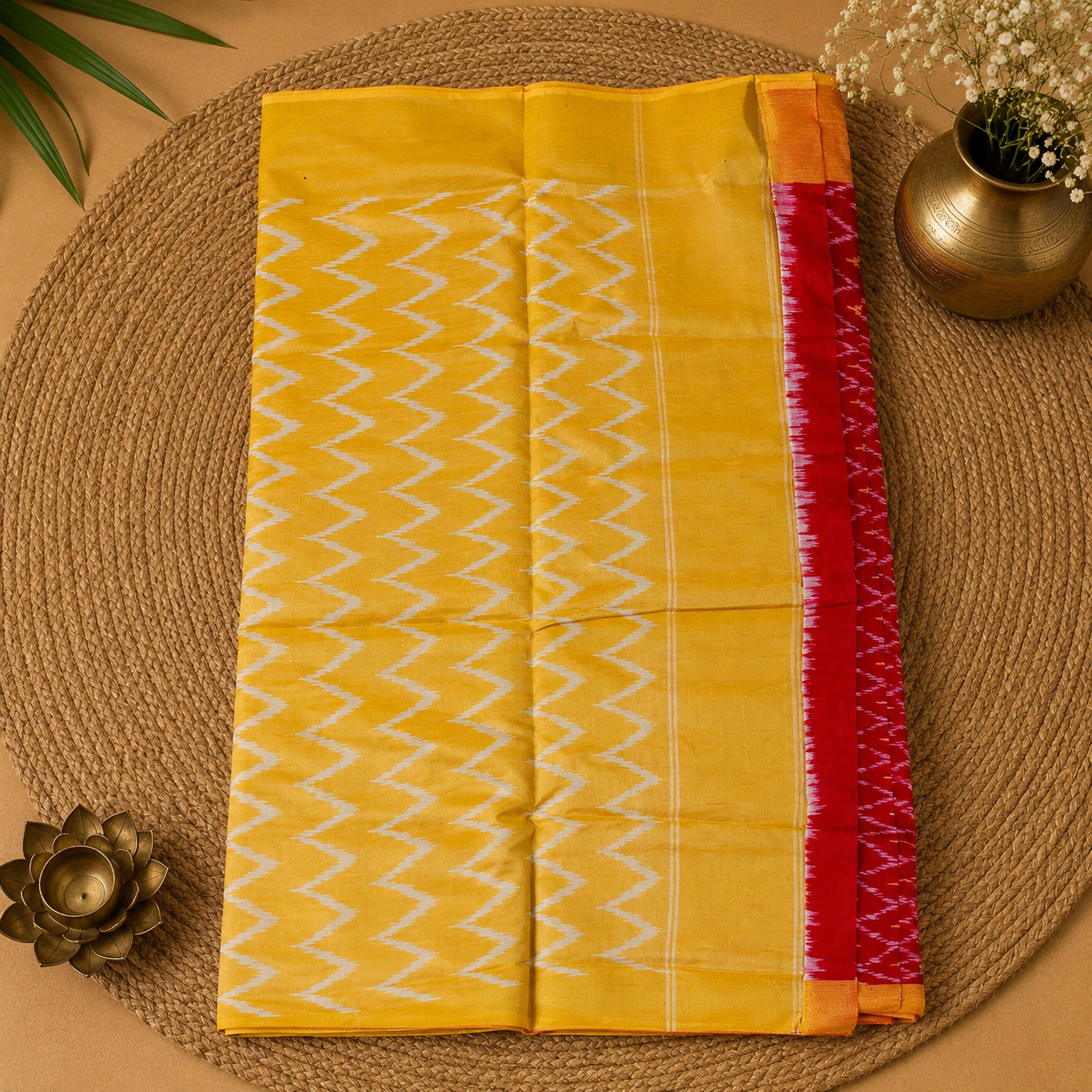 Dual Tone Red Single Ikat Mercerised Cotton Saree