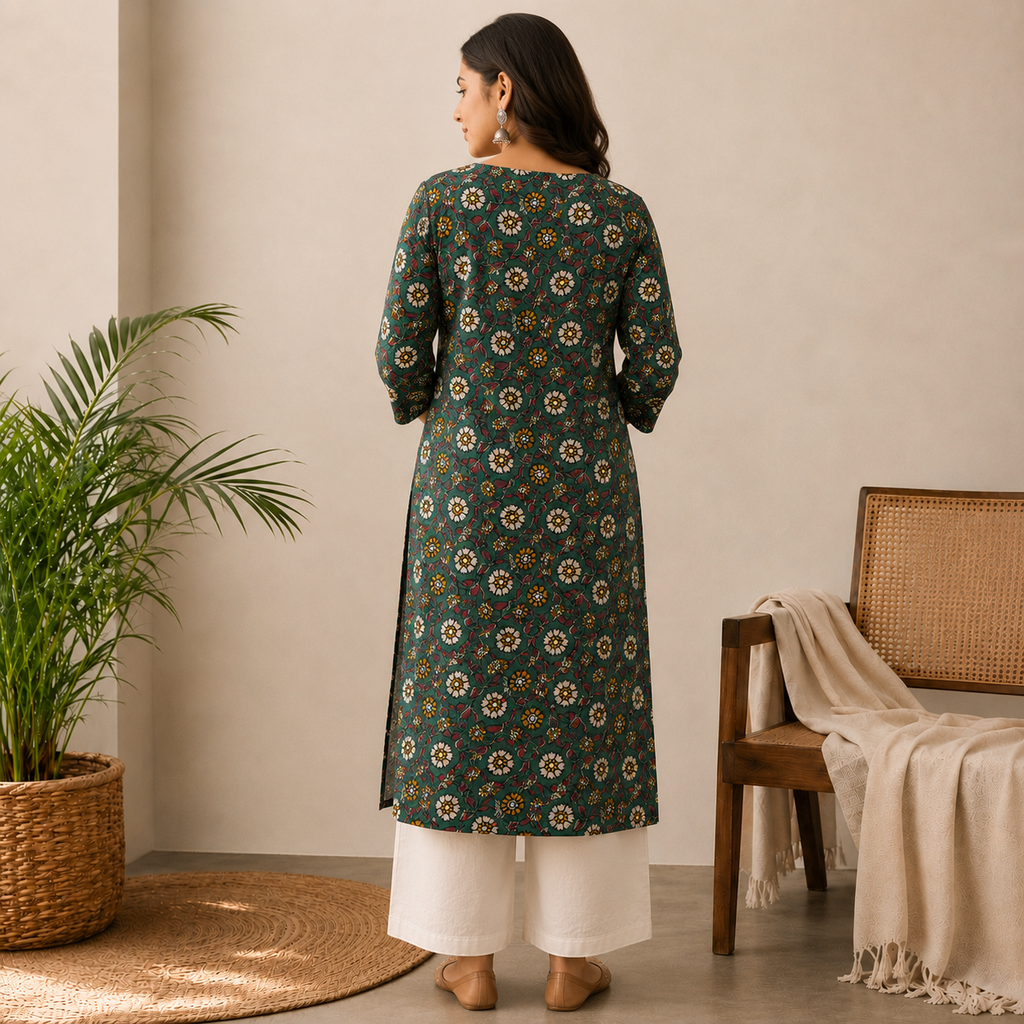 Green Floral Straight Cut Kurthi