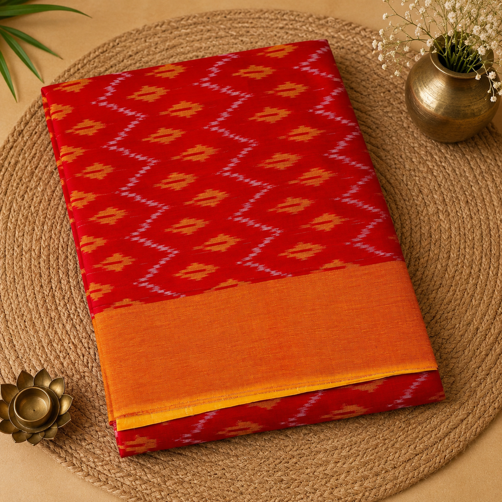 Dual Tone Red Single Ikat Mercerised Cotton Saree