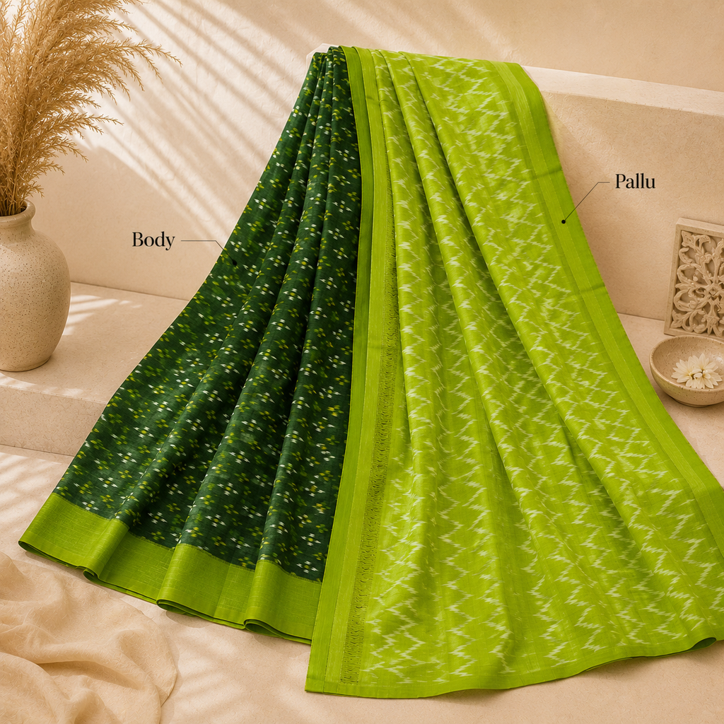 Green Single Ikkath Pochampally Cotton Saree