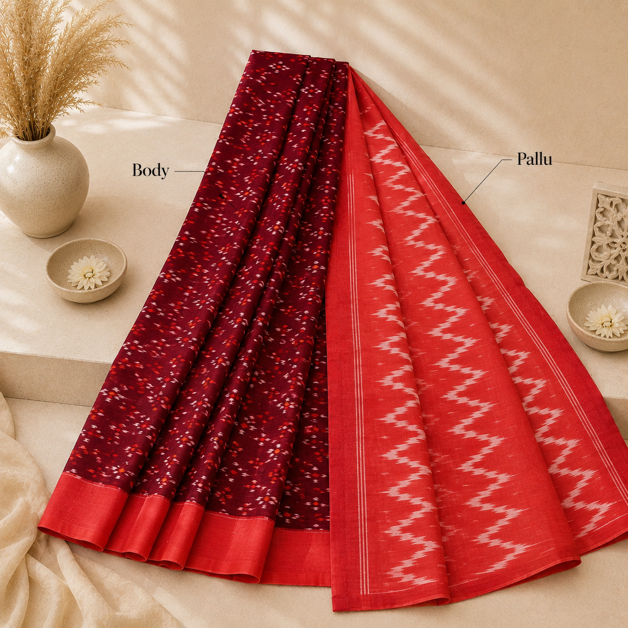 Maroon Single Ikkath Pochampally Cotton Saree