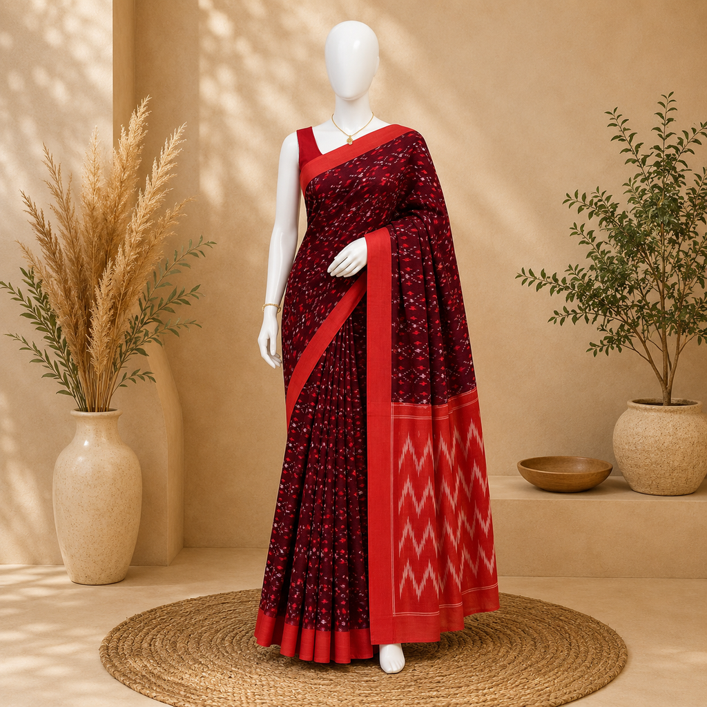 Maroon Single Ikkath Pochampally Cotton Saree